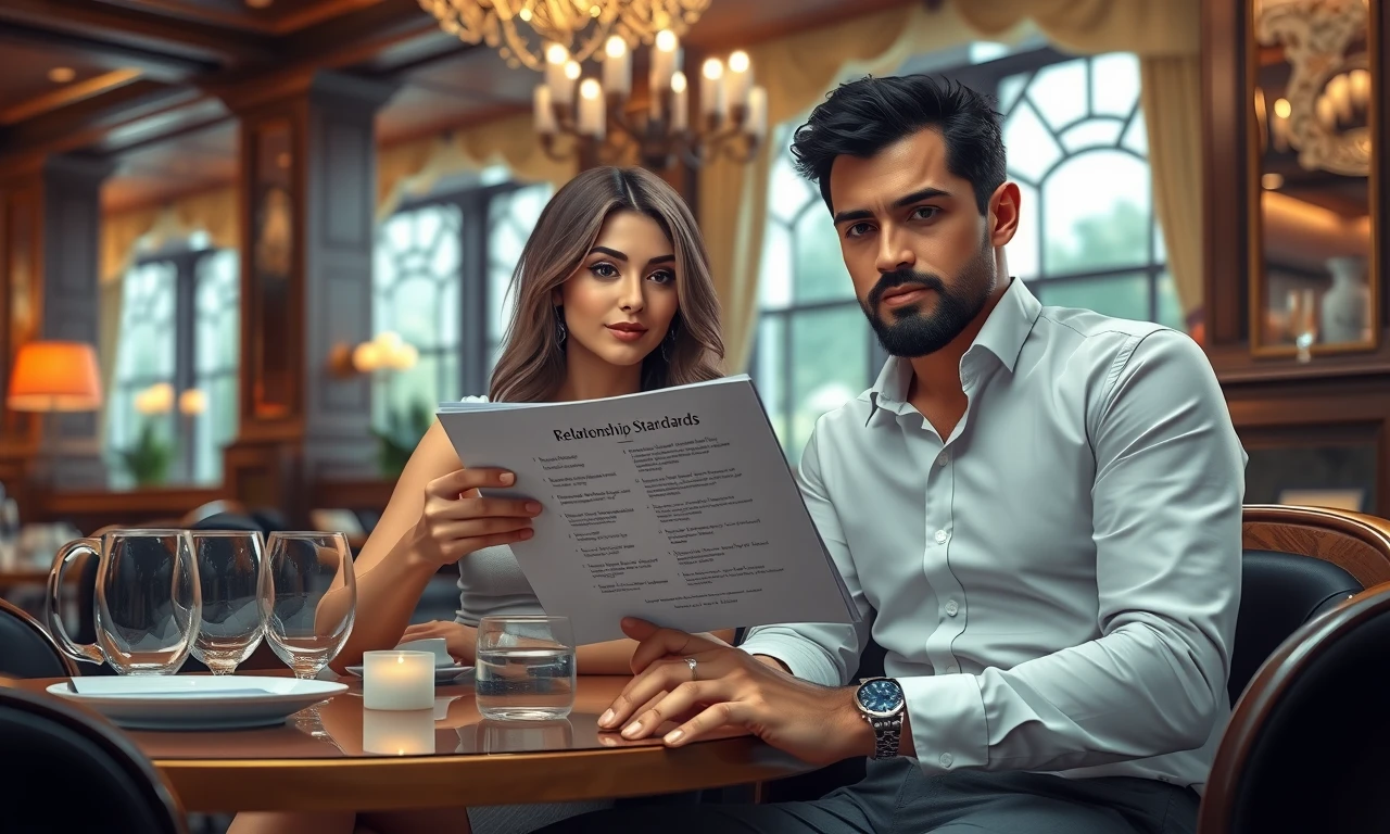 Couple discussing relationship standards in upscale restaurant, showcasing high standards in dating