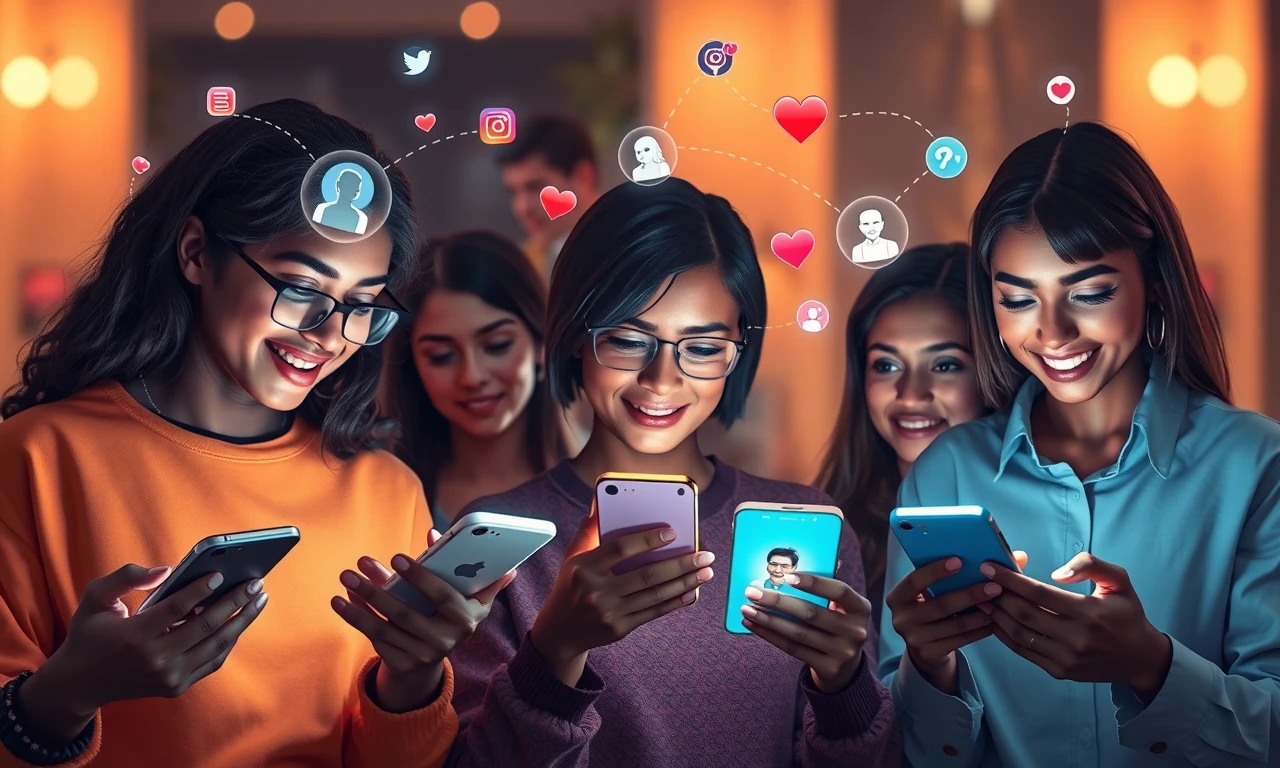 Diverse individuals using dating apps on devices, with floating social media icons and digital connections