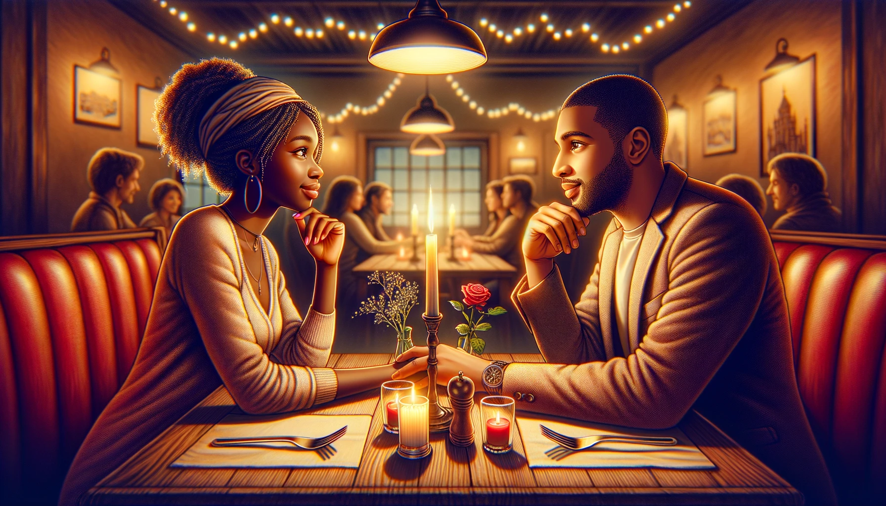 Couple on romantic date in restaurant, candlelit table, intimate conversation, photorealistic illustration