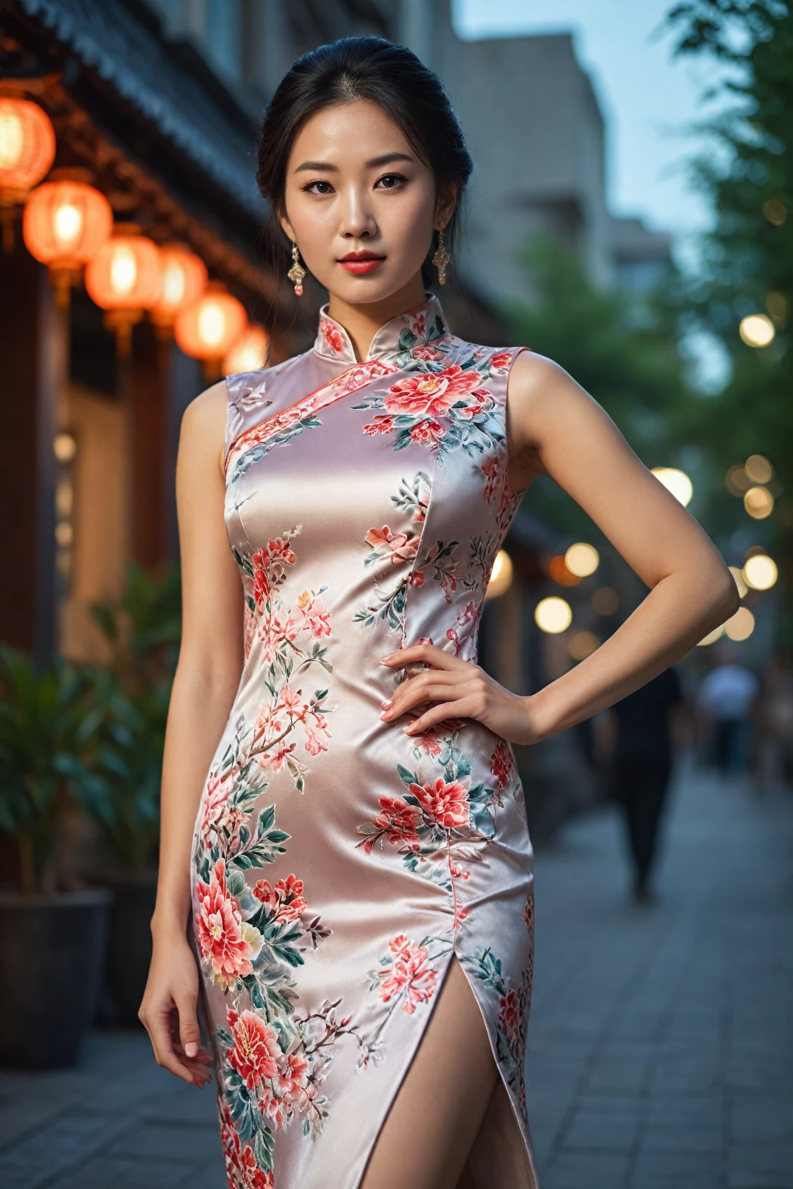 Elegant Chinese woman in modern qipao dress, urban setting, 2RedBeans dating site concept