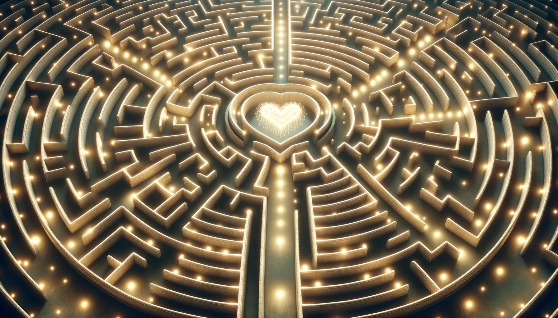 As the winding paths of the labyrinth unfold before us, each glowing turn represents the enlightening journey toward love, reminding us that every step—no matter how convoluted—brings us closer to the heart's true destination.