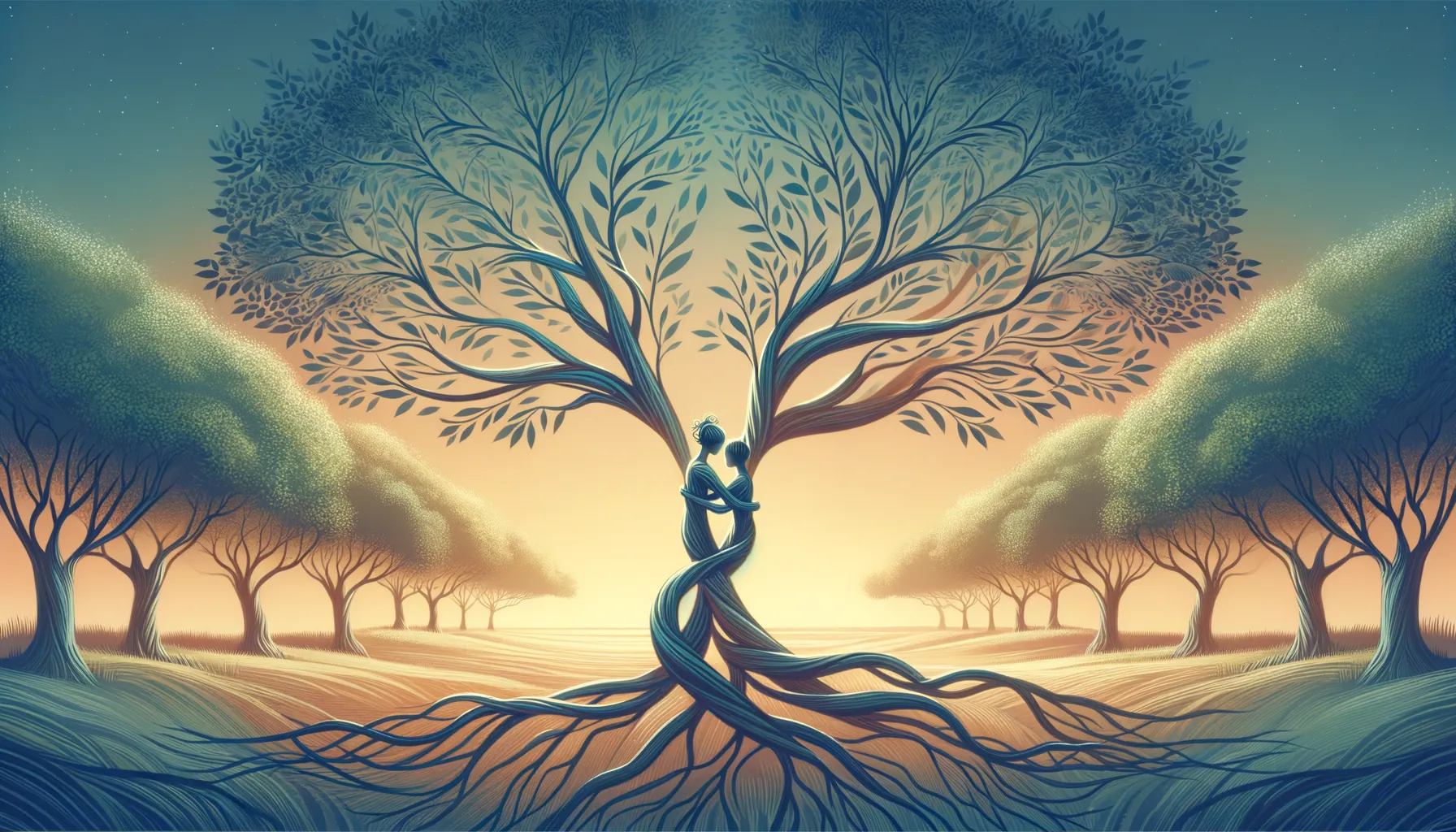 In this serene image, the entwined branches represent the intricate dance of balanced communication, where every word and silence is woven into the tapestry of a harmonious relationship.