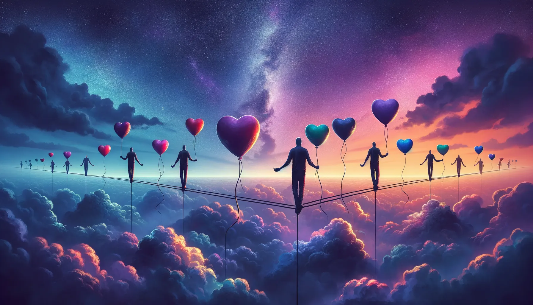 In this delicate dance of digital dalliance, hearts are like balloons in the grasp of those walking the tightrope of modern love—where each step is a decision of which connection to maintain and which to let drift into the expanse of the sky.