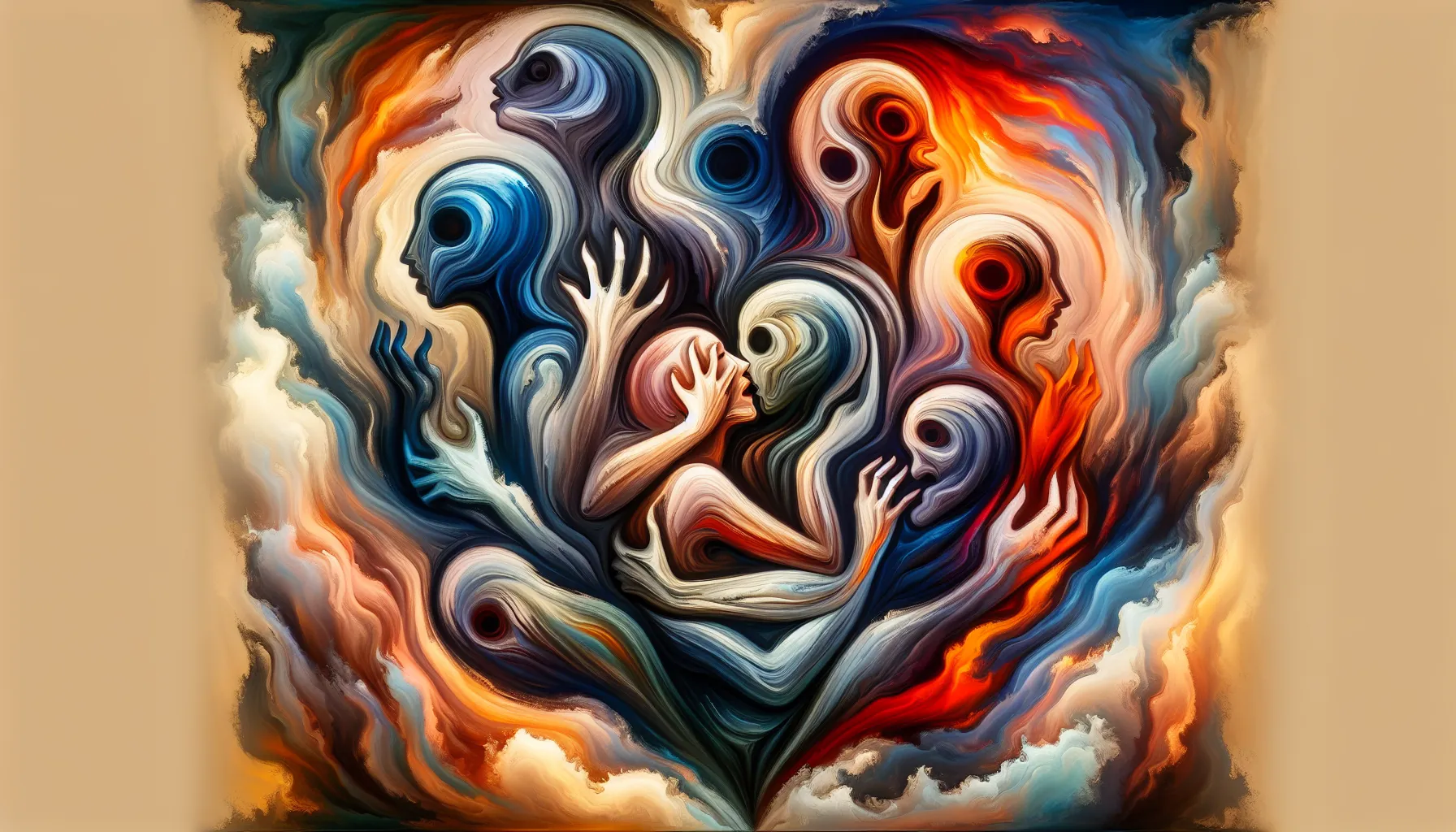 <strong>Emotional Tangle:</strong> The vibrant interplay of hues in this image mirrors the inner turmoil of jealousy, a dance of passion and fear that can both protect and peril love's delicate balance.