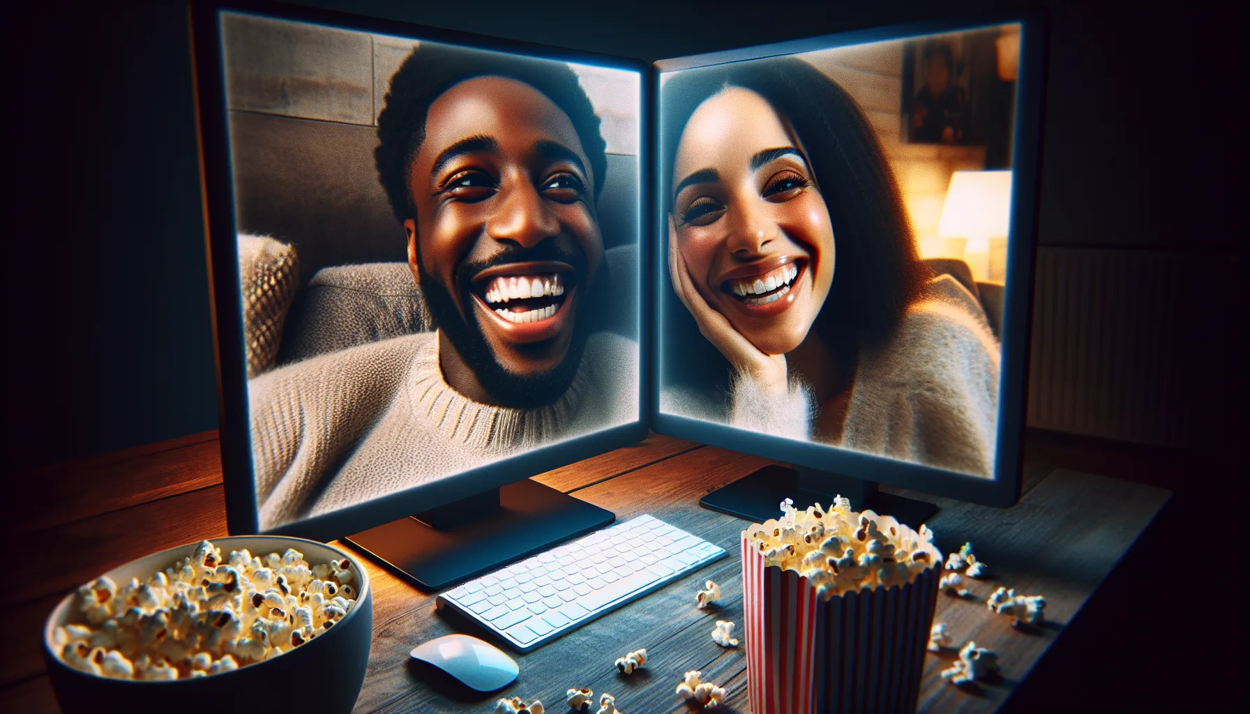 <strong>A Shared Silver Screen:</strong> Amidst the glow of screens, this image crafts a visual narrative of togetherness, where love finds its spotlight in the shared whispers and laughter of a movie night, transcending the miles to create one seamless, cinematic experience.