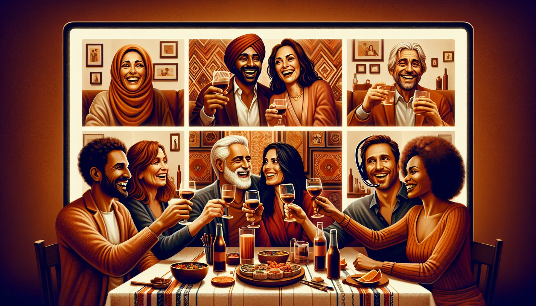 <strong>Together Apart:</strong> A snapshot of joy, this image portrays two couples, their laughter echoing through the digital divide, as they clink glasses in a virtual toast—a testament to the friendships and love that flourish even in the realm of pixels and screens.