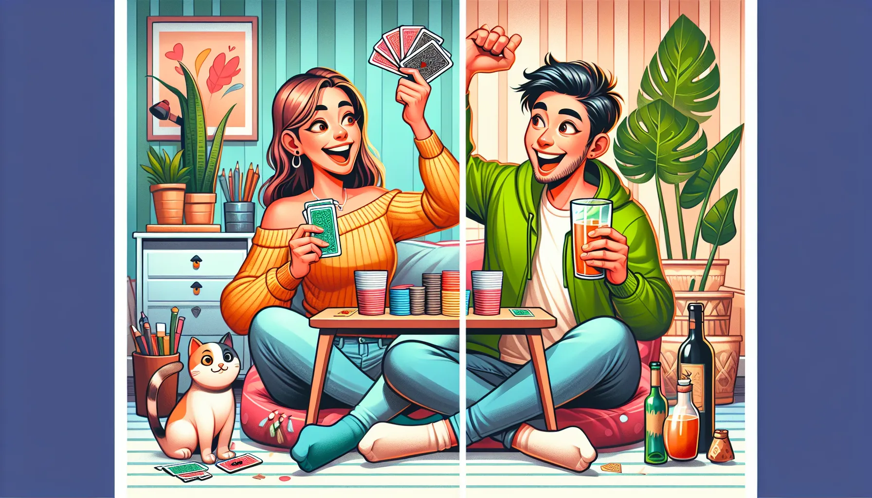 <strong>Laughter in Every Sip:</strong> This image illustrates the joyous spirit of a couple engrossed in a drinking game over video call, where every toast and challenge is a sip towards more smiles and shared memories, highlighting the playful bond that technology helps to nurture.