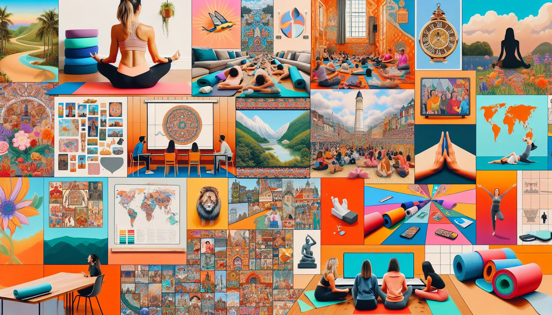 <strong>Uncharted Love:</strong> This collage transcends the ordinary, weaving together scenes of a Zoom yoga class's tranquility and a PowerPoint party's vibrant exchange, to the adventurous spirit of Geoguessr, capturing the essence of creativity and exploration in the world of virtual dating.