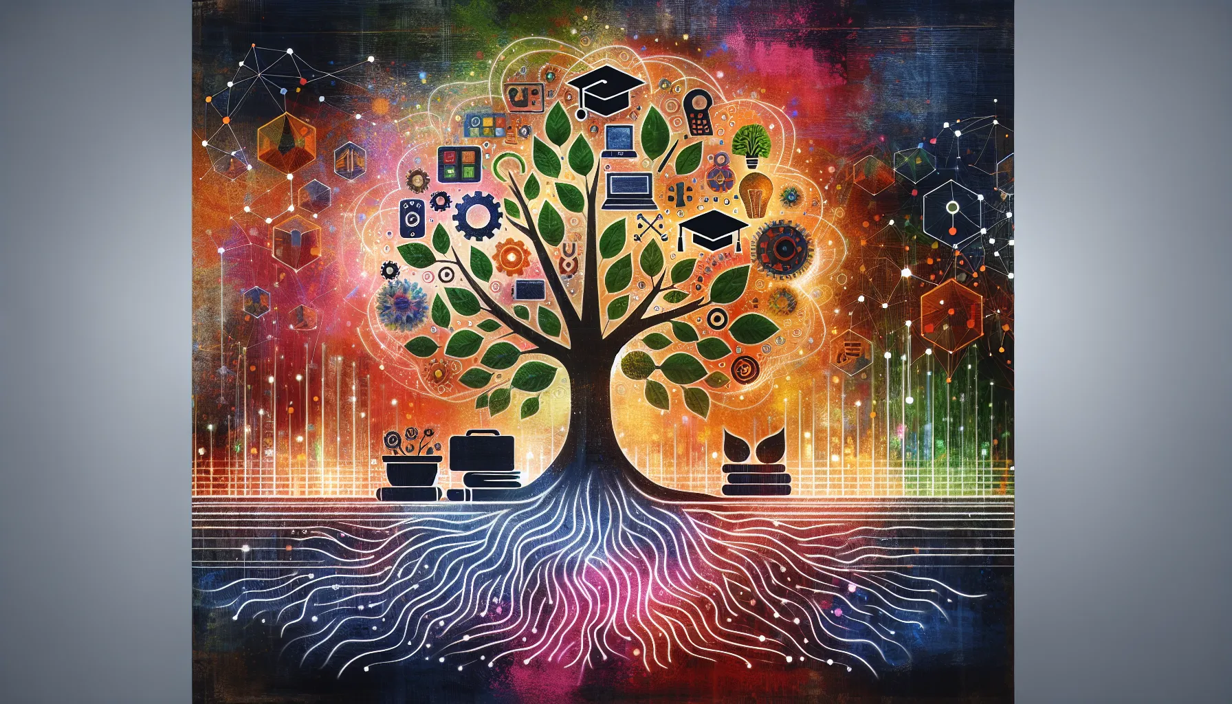 <strong>Drzewo wiedzy</strong>: Korzenie i gałęzie symbolizujące edukacyjne fundamenty i rozgałęzione ścieżki rozwoju, które inspirują do przekraczania granic i odkrywania nowych możliwości.