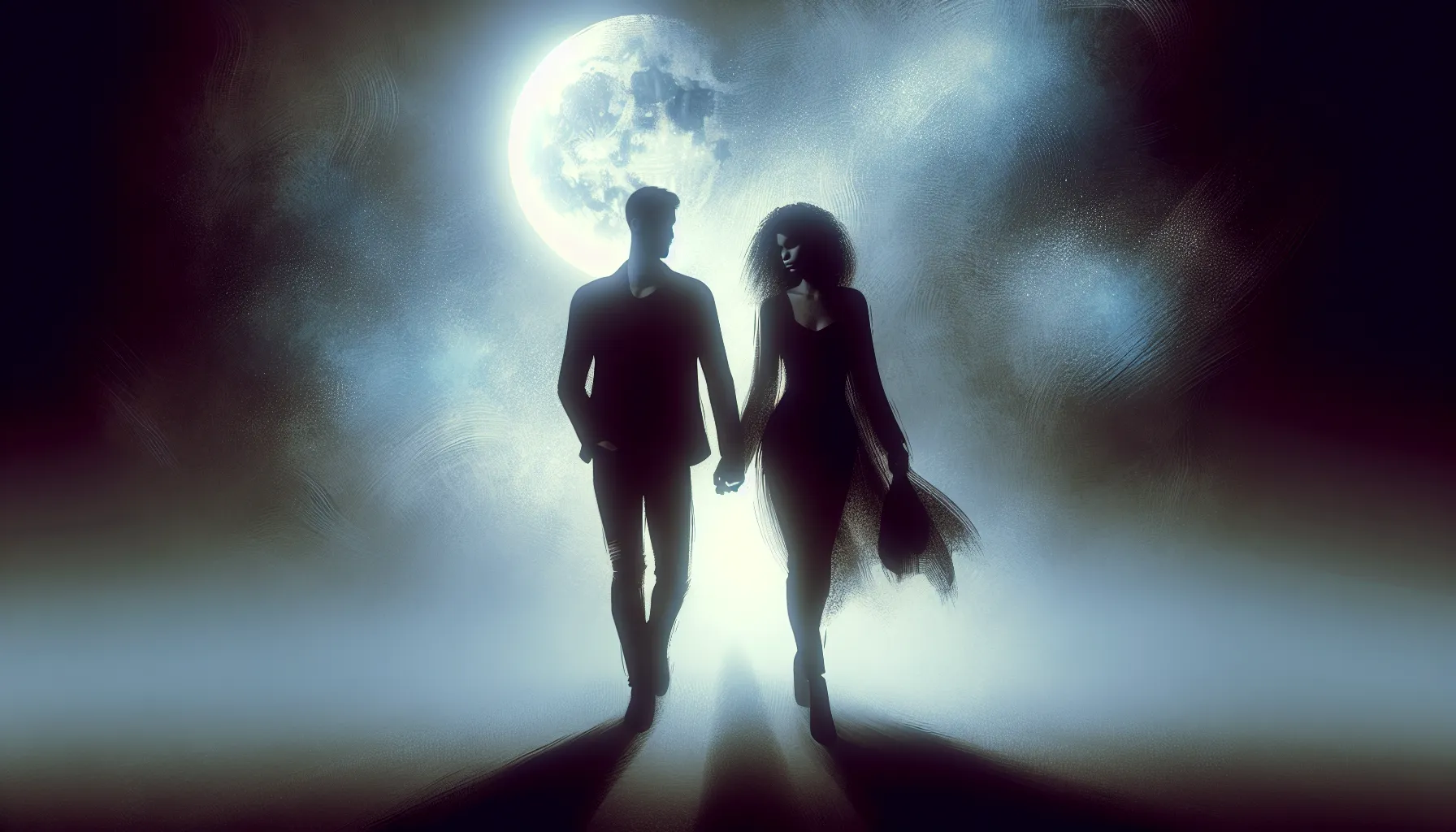 In the whispered embrace of the night, a couple's silhouette merges with the moon's tender luminescence, crafting a scene where time pauses and love speaks in silent hues.
