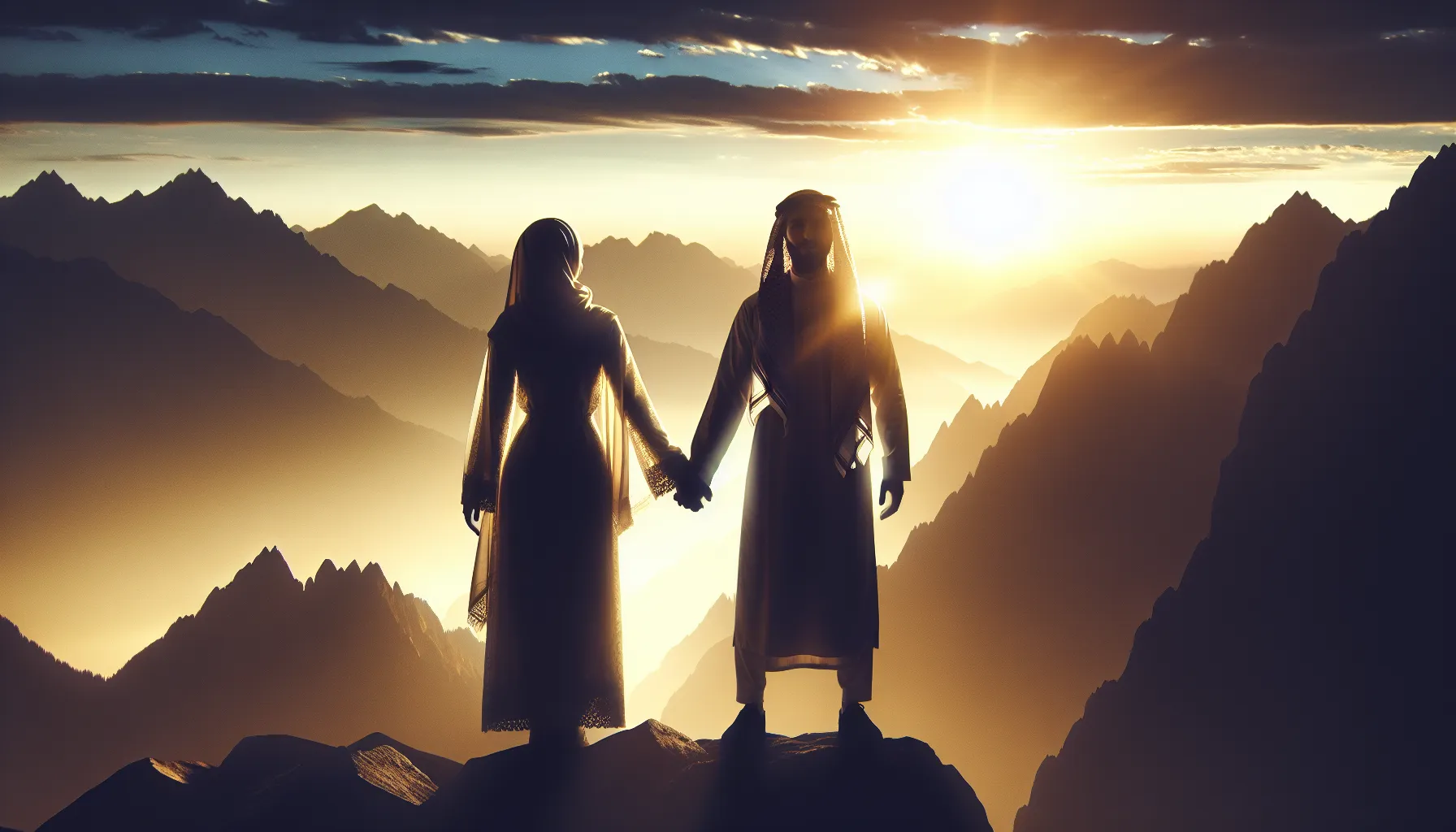 Atop the summit, hand in hand, a couple stands bathed in the dawn's first light—symbols of unity and exploration, their shared journey echoing the peaks and valleys of love itself.