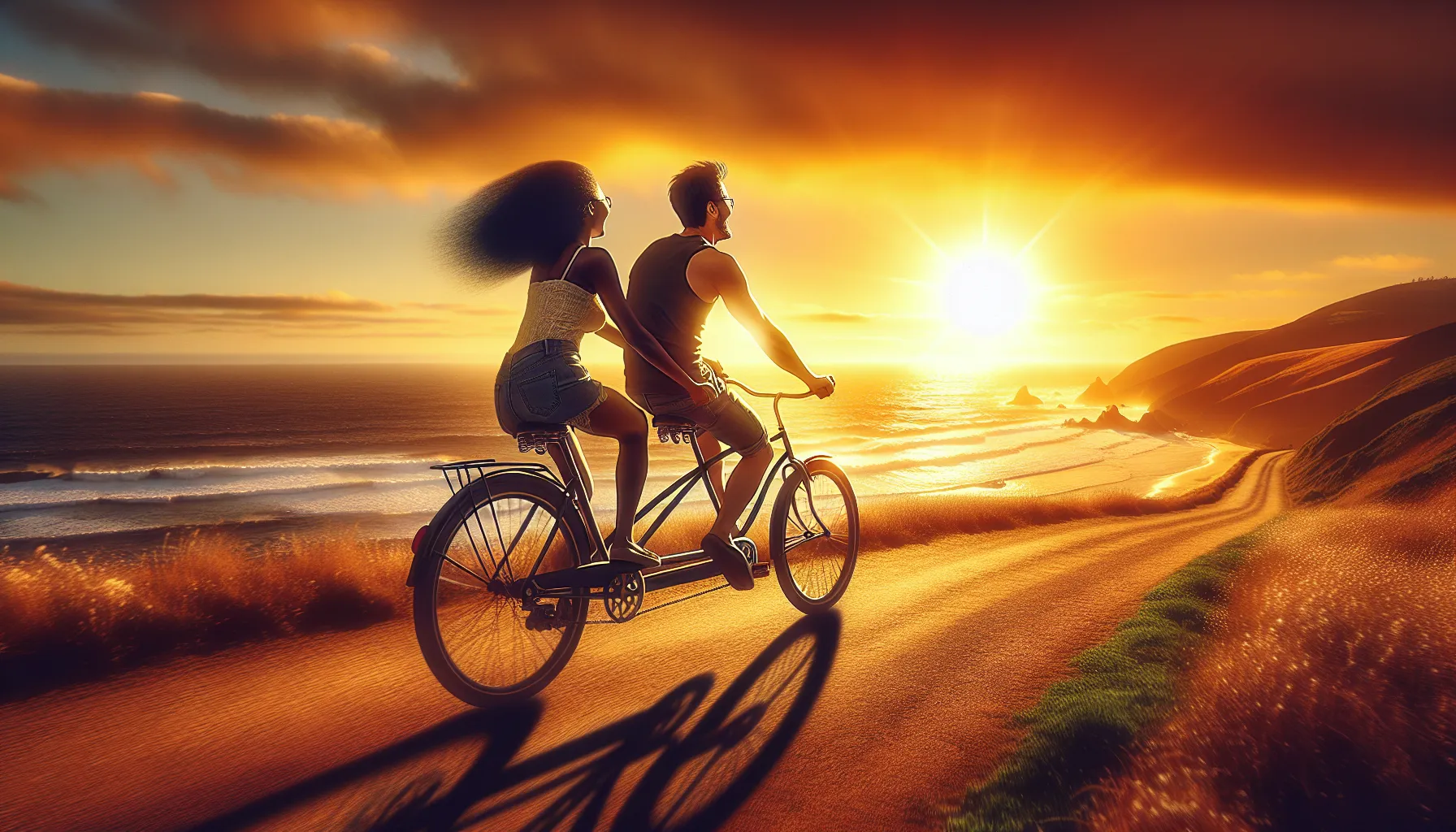 Amidst the rush of the wind and the rhythmic turn of the wheels, a couple finds their tandem biking date not just a journey across the landscape, but through the heart of their romance, pedaling in unison towards shared dreams and sunsets.