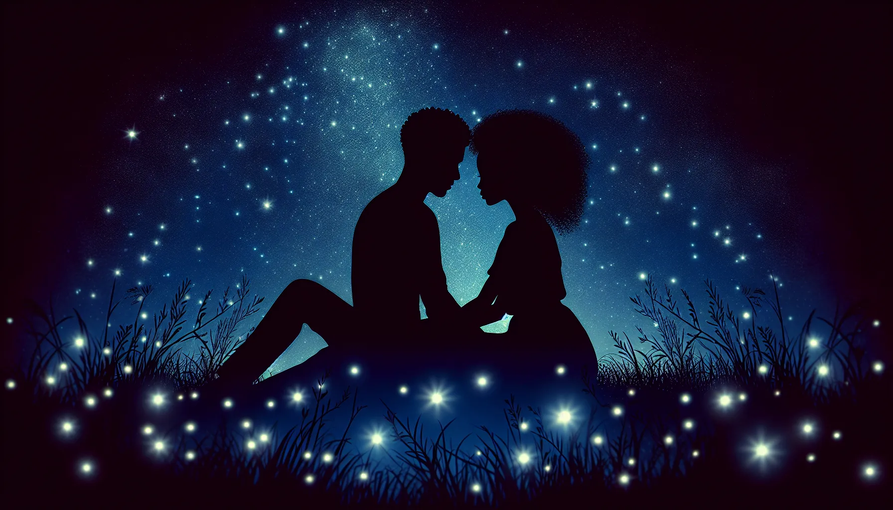 Beneath the celestial theatre of a summer's night, a couple finds solace in the silent conversation of their gaze, their bond a constellation of moments as timeless and radiant as the stars overhead.