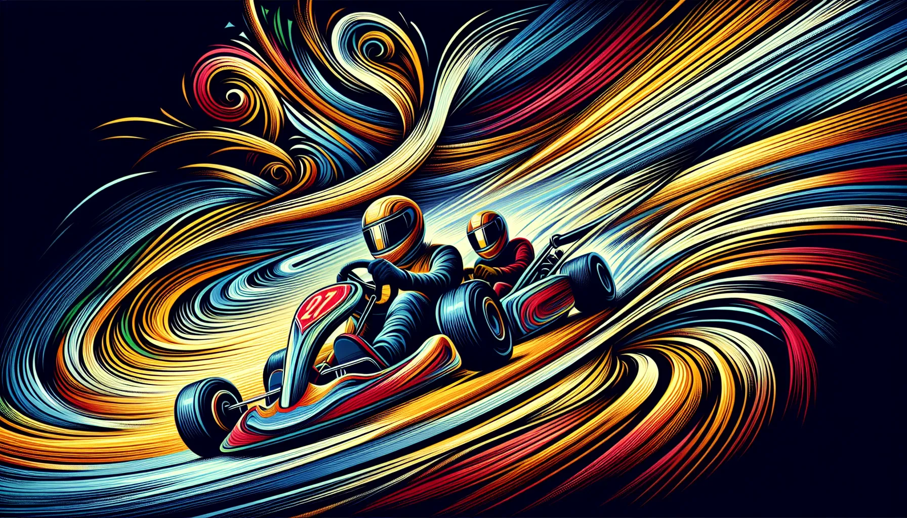 Feel the rush: an abstract portrayal of go-karts zooming in unison, where shared adrenaline turns every curve into a heart-racing moment of unity.
