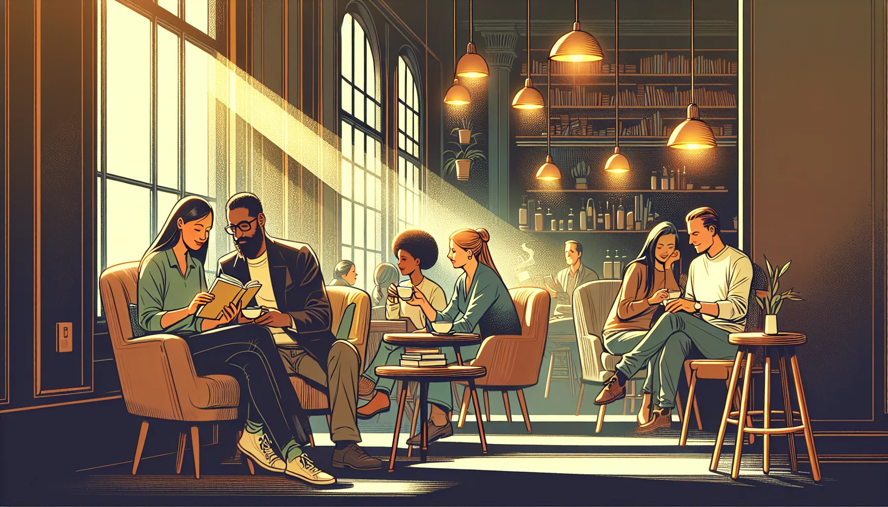 Nestled within the comforting embrace of a bustling café, strangers cross paths, each a potential prelude to a story untold. This image captures the essence of chance encounters that could bloom into shared journeys, framing the magic of ordinary moments where future companions may meet.
