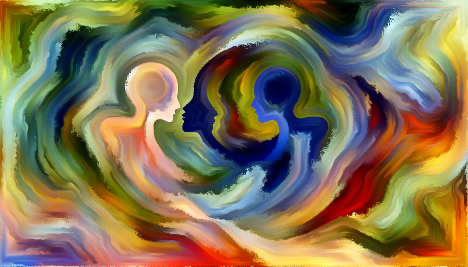 <strong>Where Paths Converge:</strong> The fusion of hues in this artwork mirrors the rush of emotions on a first date, where every color tells a story of hope, curiosity, and the infinite potential of a shared journey.