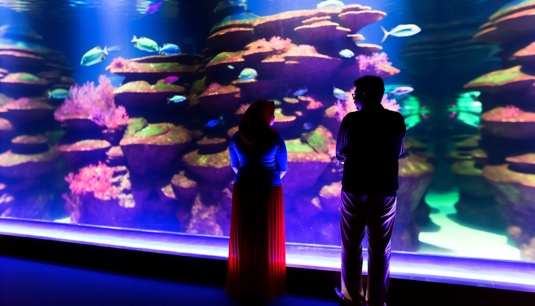 <strong>Underwater Serenade:</strong> Amidst a sea of iridescent scales and tranquil blue hues, a couple finds a shared rhythm in the silent symphony of marine life—a serene backdrop that echoes the depth and mystery of new connections.