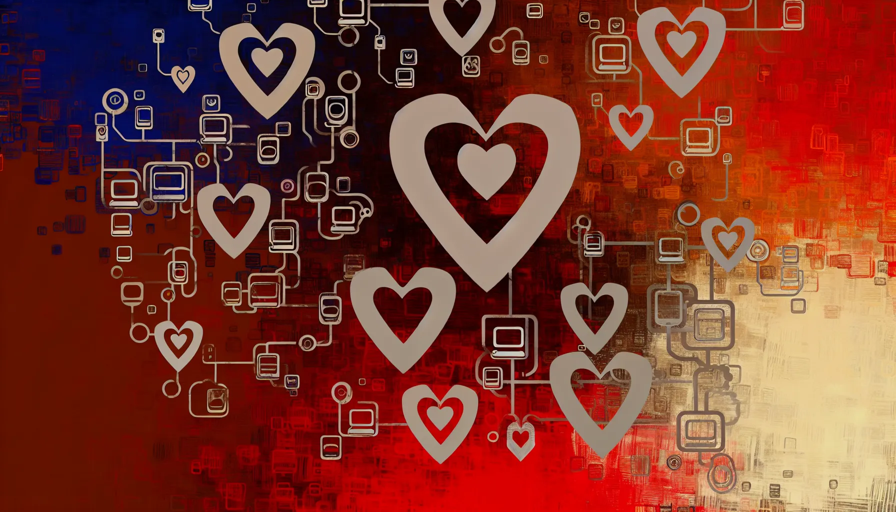 <strong>When Hearts Collide in the Digital Sphere:</strong> An abstract portrayal of how our pursuit of connection weaves through the tapestry of social media, blurring the lines between innocent interaction and emotional entanglement.