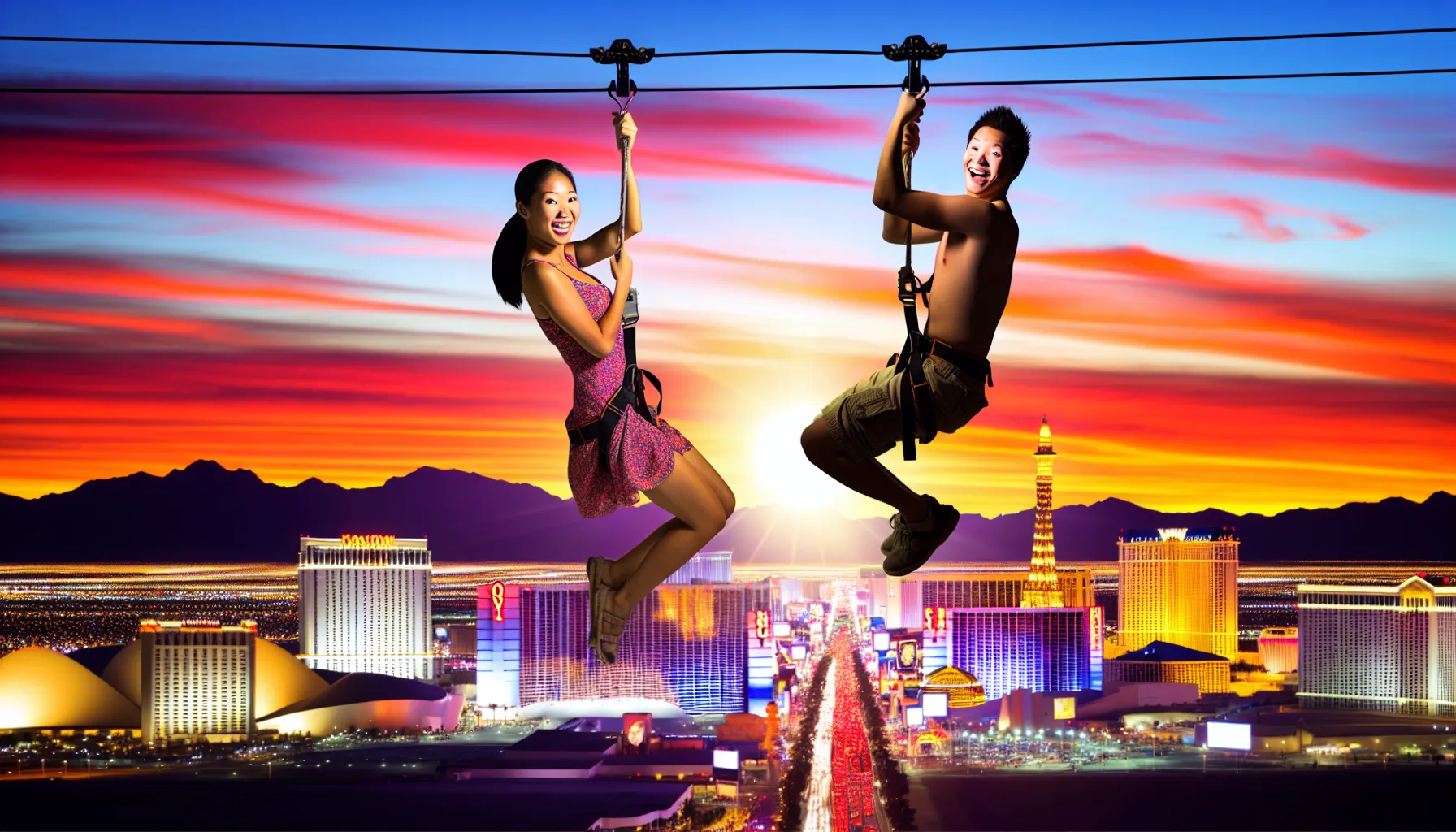 <strong>Shared Thrills Above the Neon Glow</strong>: As the sun dips below the horizon, a couple's laughter echoes through the sky, encapsulating the essence of Las Vegas—a city where love and adventure intertwine amidst the radiance of endless possibilities.