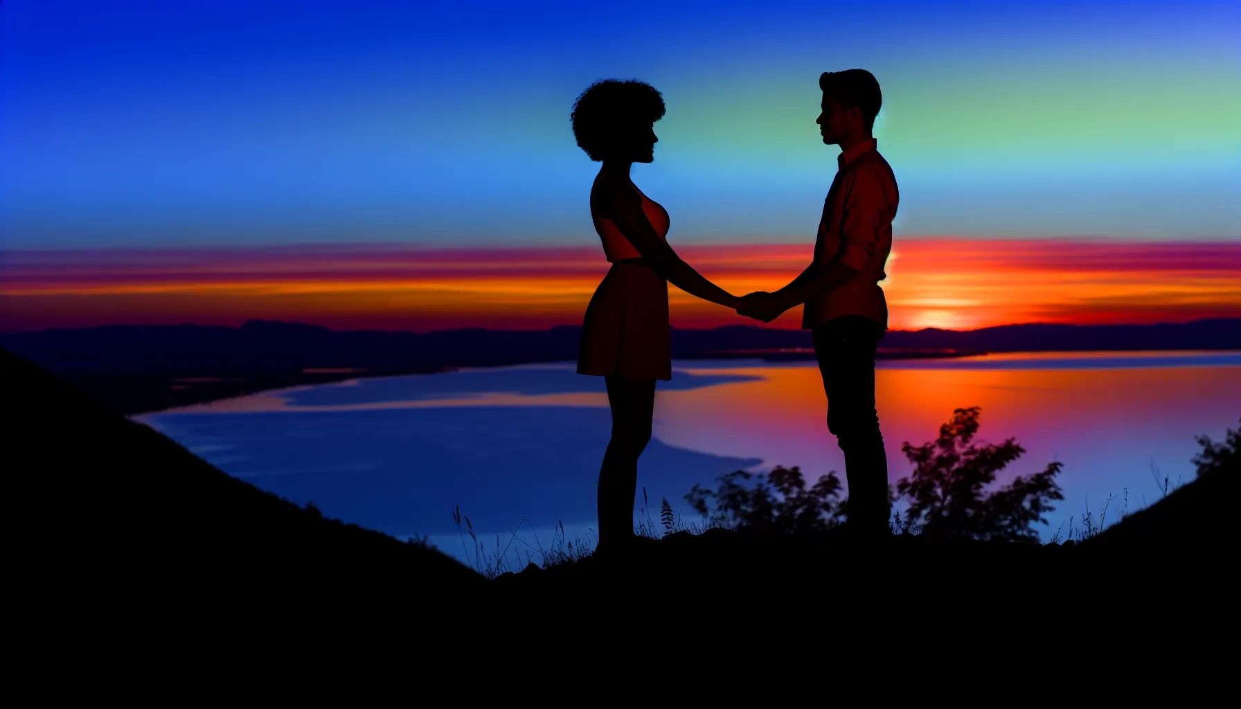 <strong>As daylight wanes, love's light shines brightest</strong>—a couple's silhouette against the tranquil canvas of nature whispers tales of affection and companionship, painting the horizon with the colors of their bond.