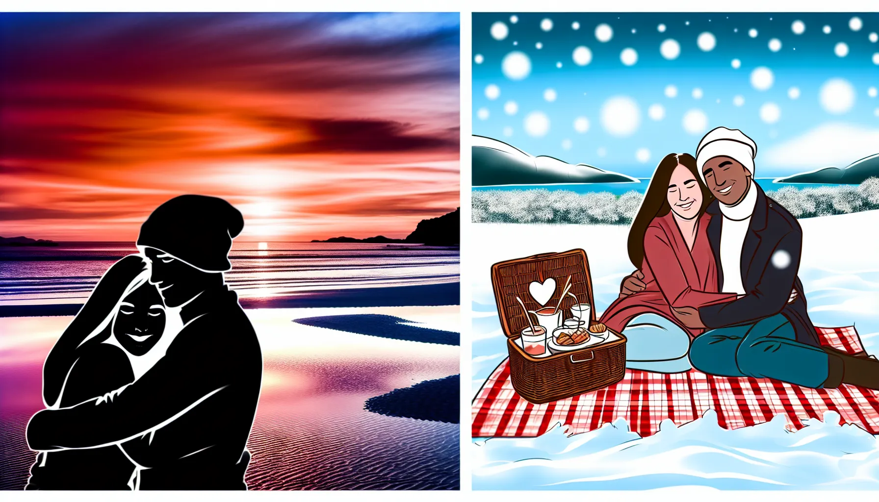 <strong>From the sun's lingering kiss on the shore to the tender embrace of winter's chill,</strong> these images weave a tale of love unbound by seasons—inviting couples to bask in the glow of connection, whether caressed by seaside breezes or cocooned in a snowy alcove.