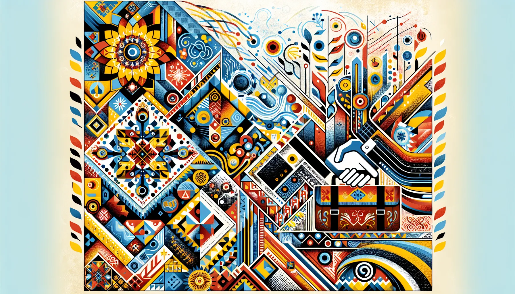 Абстрактна композиція, що символізує концепцію "пітч" у бізнесі, з елементами української культури та бізнес-ікон