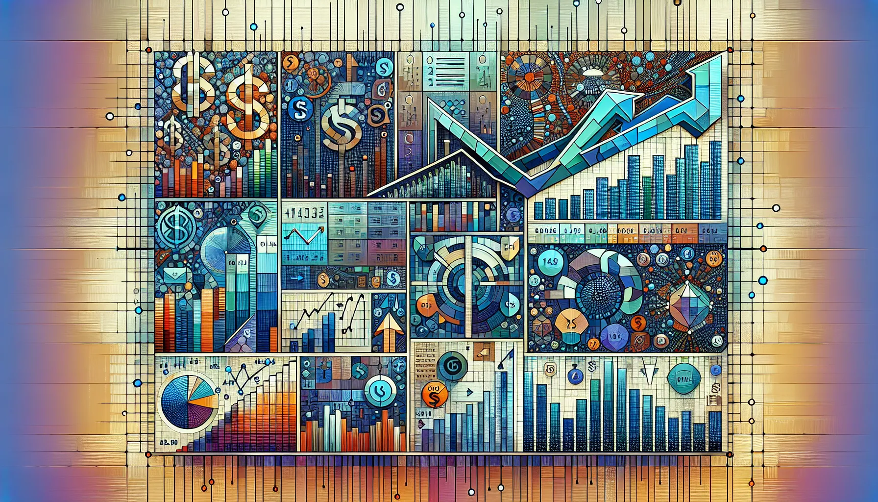 Образ, що показує аналітичні інструменти та графіки юніт економіки, переплетені із символами валют та абстрактними елементами, що відображають рух до прибутковості та зростання.
