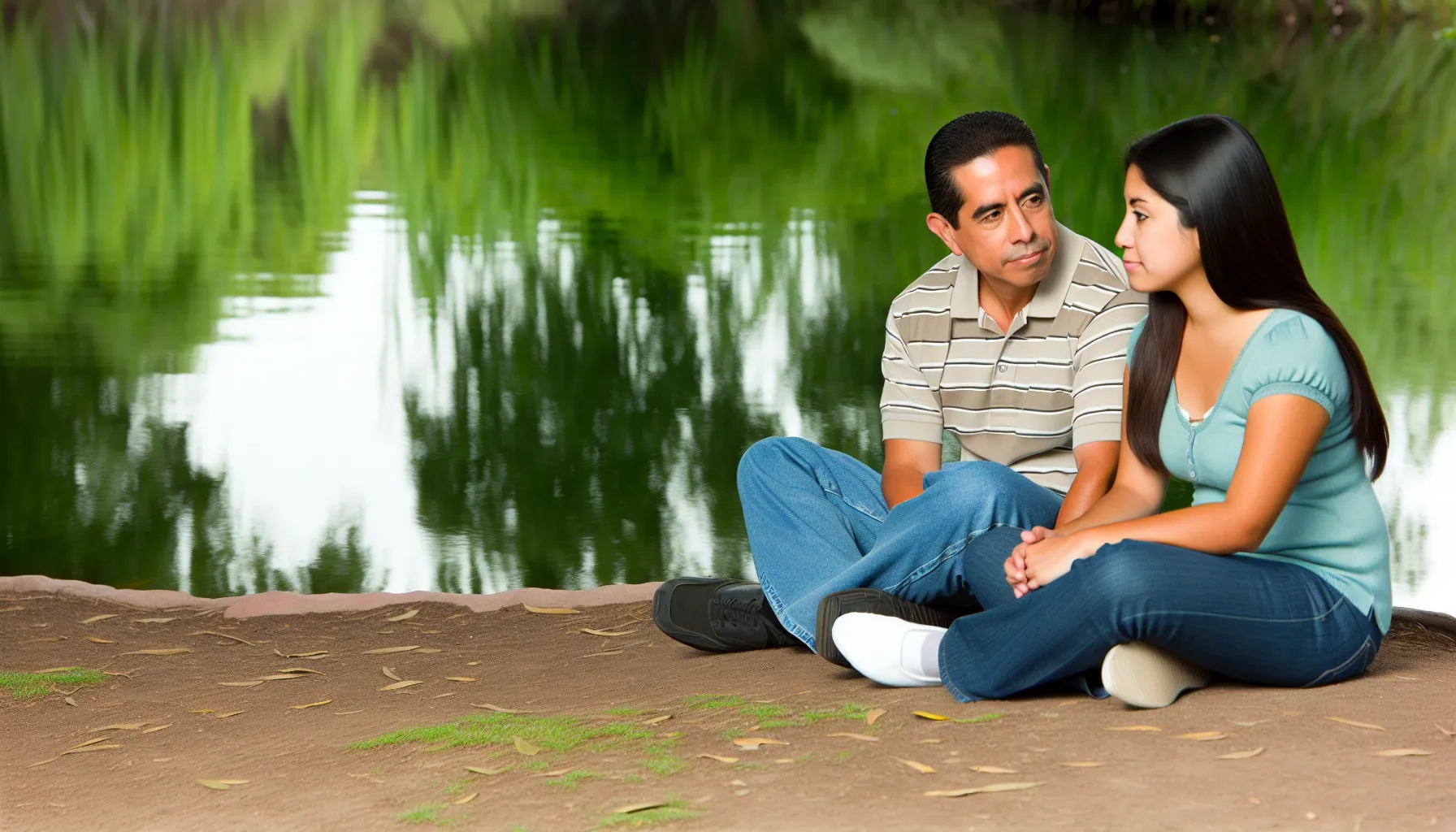 Couple sitting peacefully by a lake