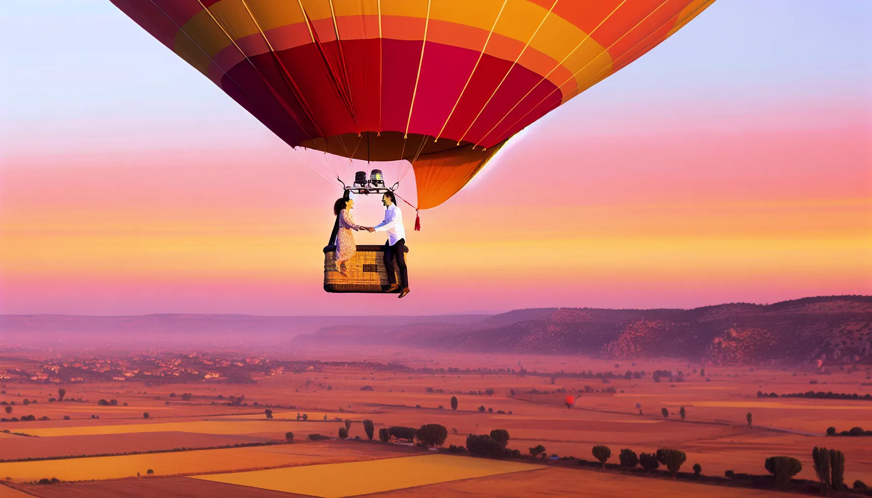 couple in hot air balloon at sunrise