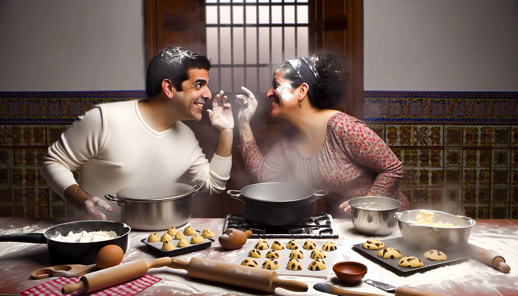 A couple baking together, embodying festive fun and togetherness