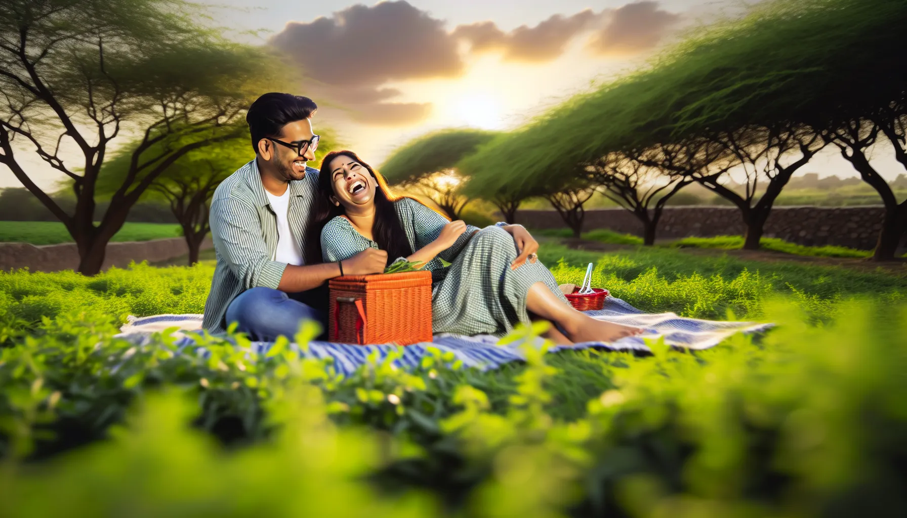 Couple enjoying a picnic in a tranquil outdoor setting