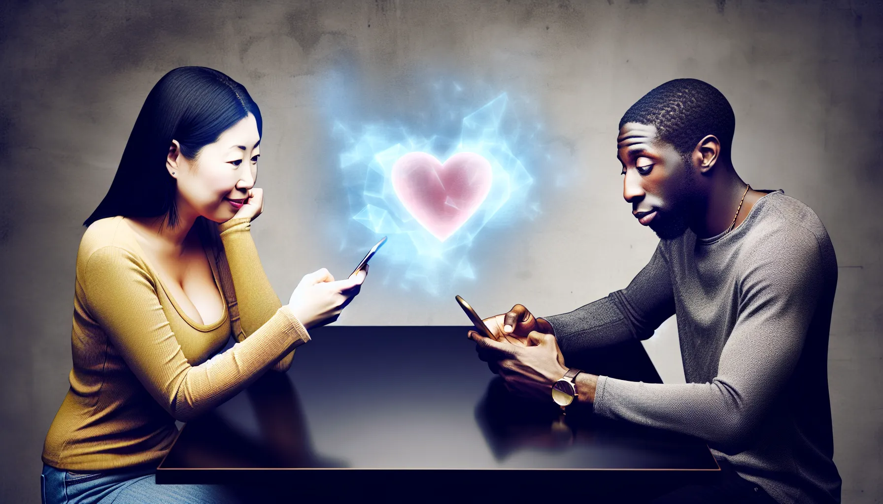 Modern dating visualized through smartphones and a floating heart emoji