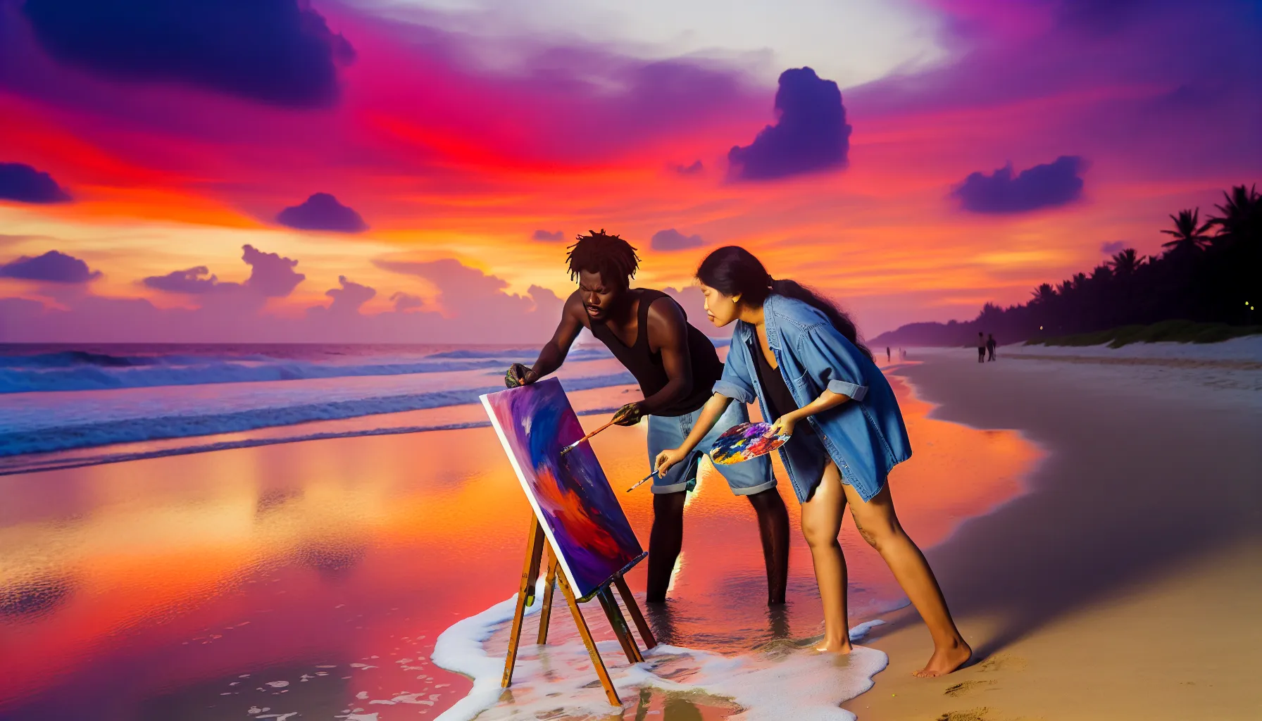 A couple painting a sunset landscape at the beach