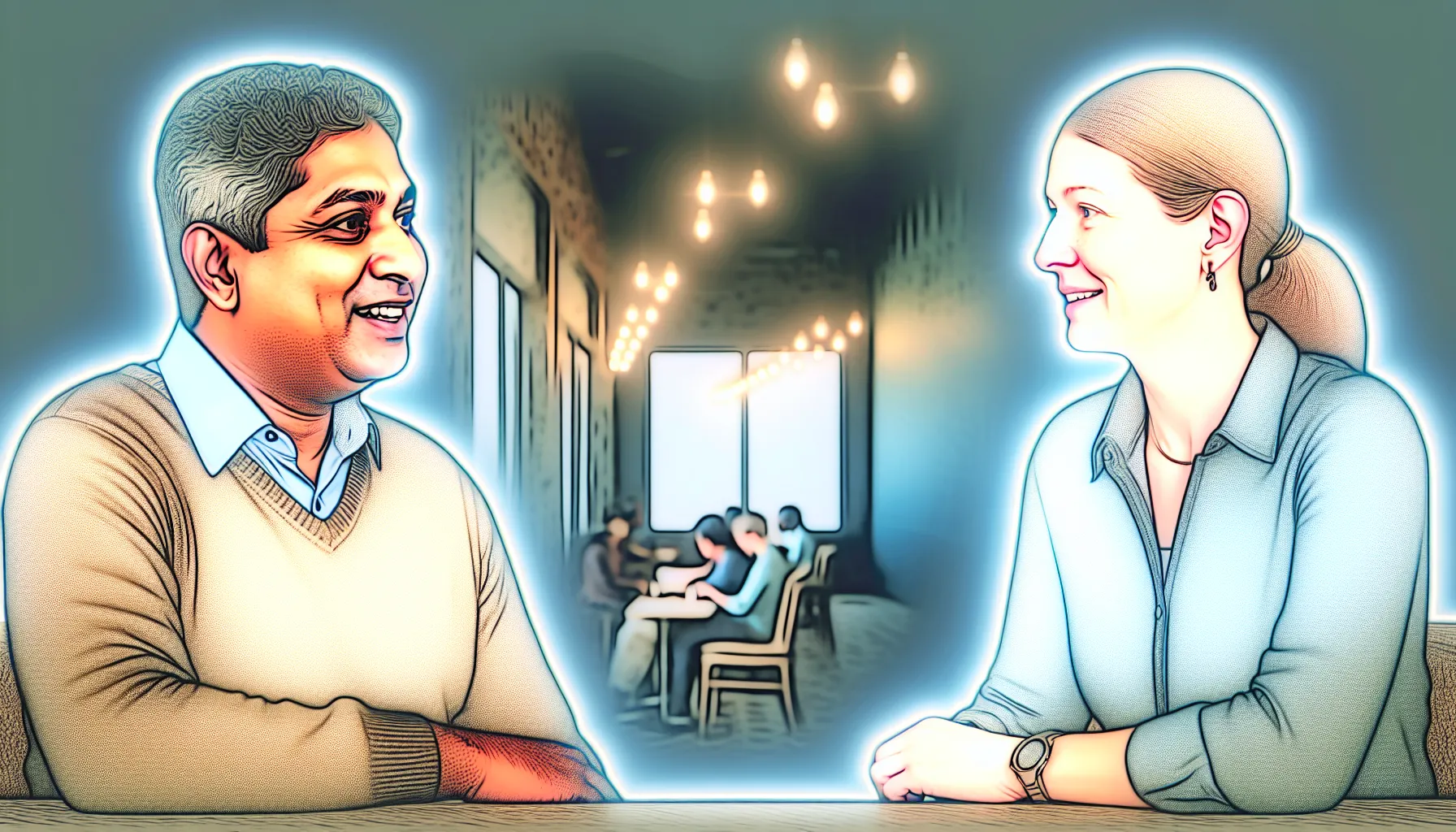 Two people having a cozy conversation at a café