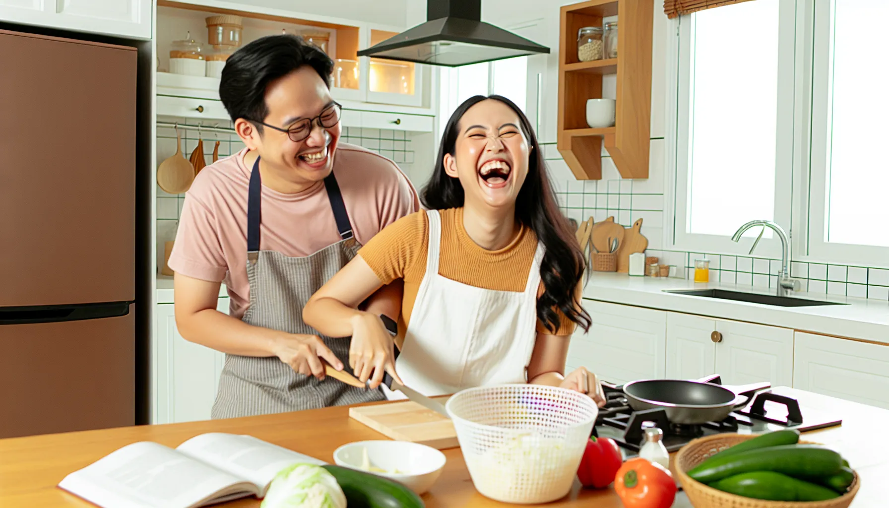 Couple cooking together, showcasing teamwork and joy