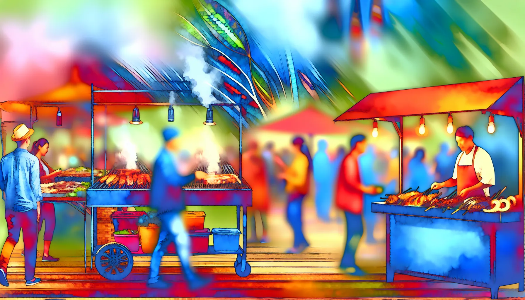 Bustling street food market scene