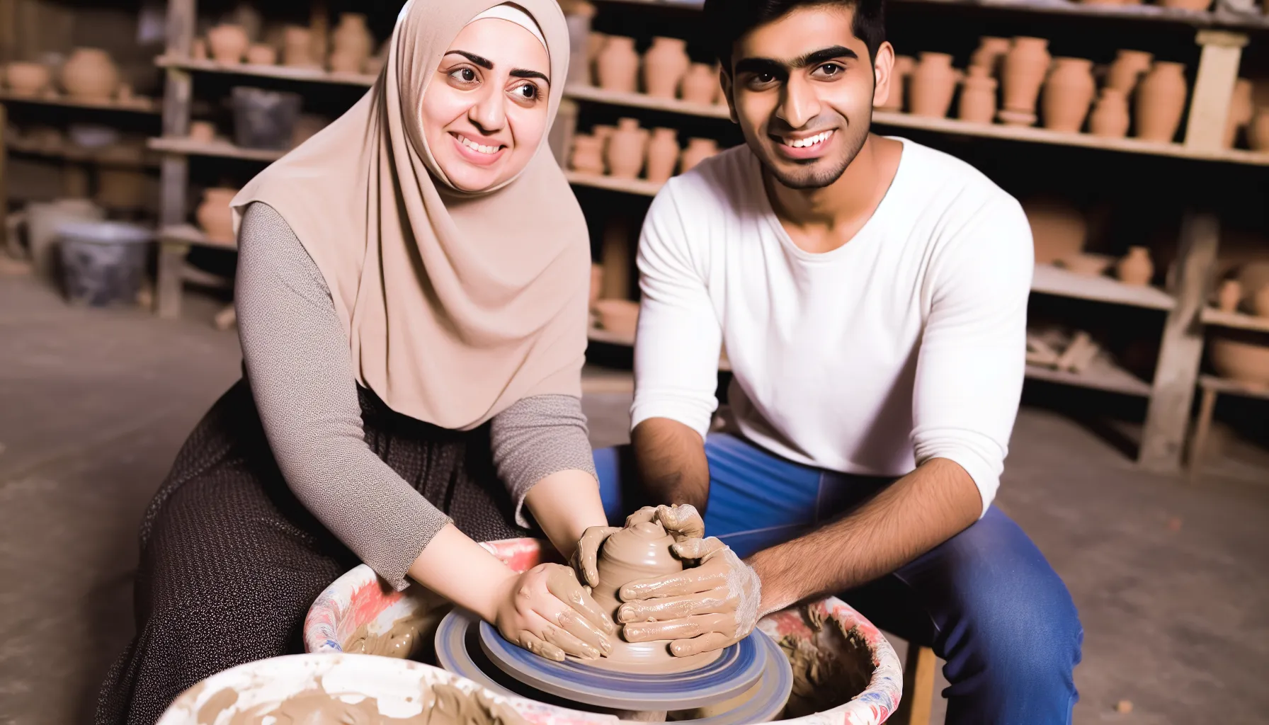 Couple crafting pottery together