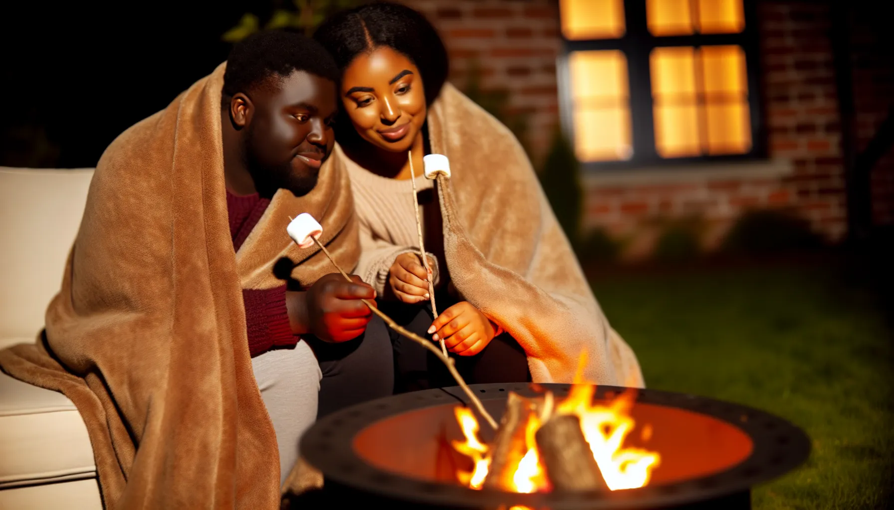 Couple enjoying a cozy evening by a fire pit