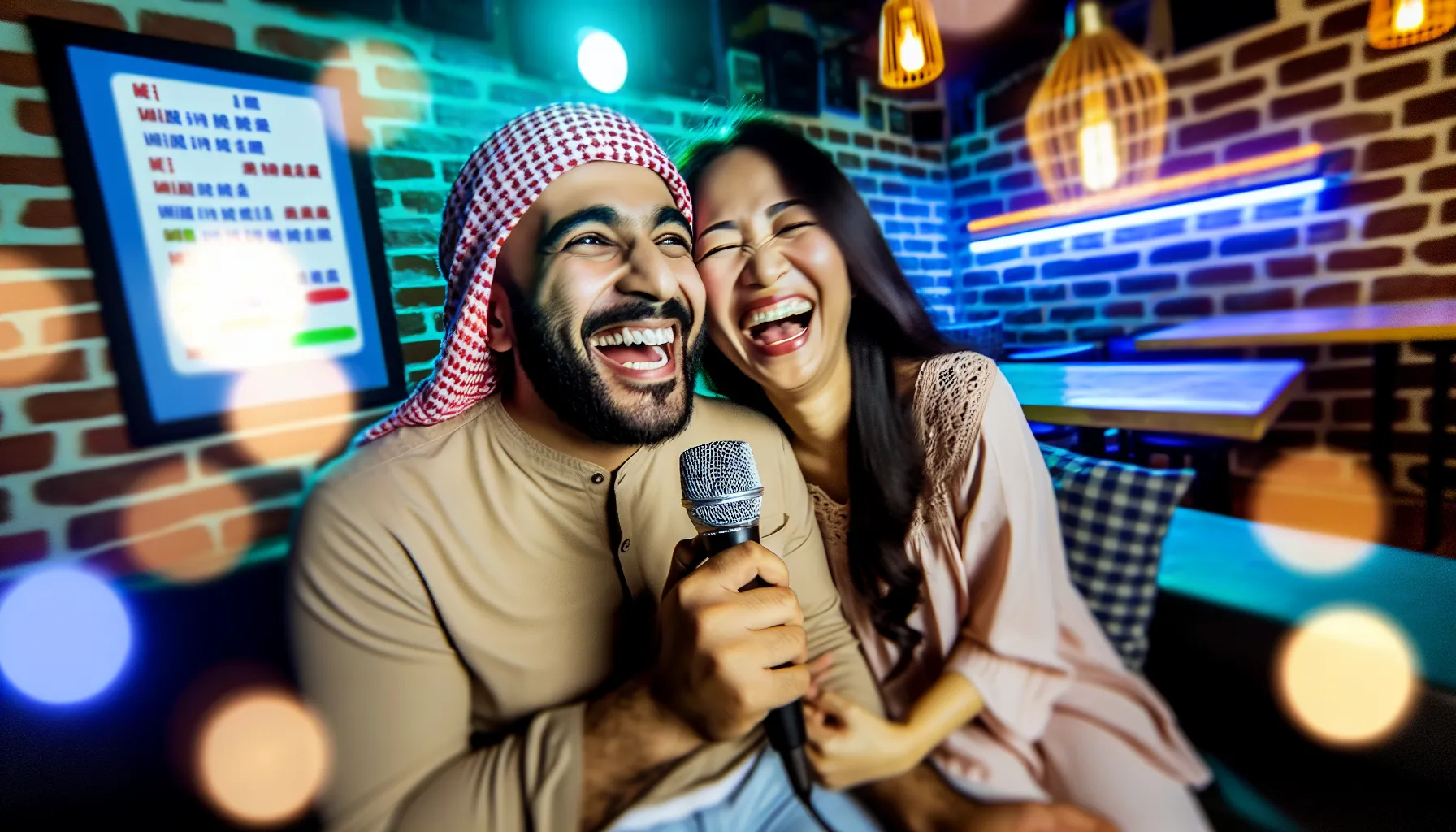 A couple singing karaoke