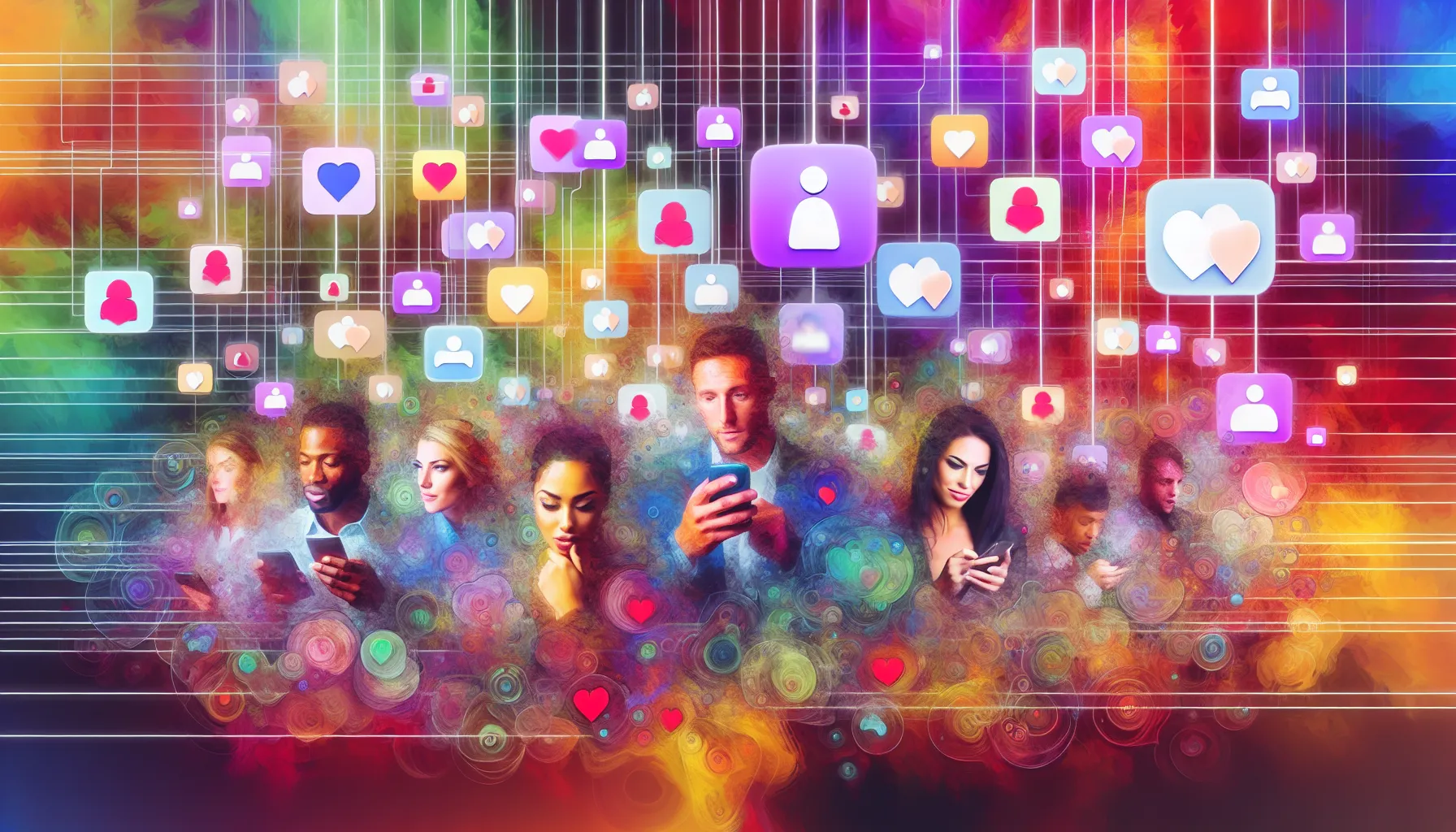The vibrant hustle of modern dating, surrounded by app icons, reflecting anticipation and complexity.