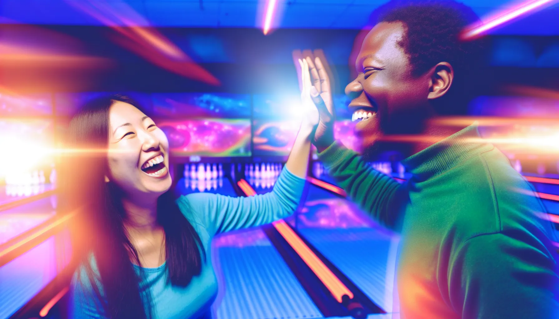 Couple high-fiving at a bowling alley