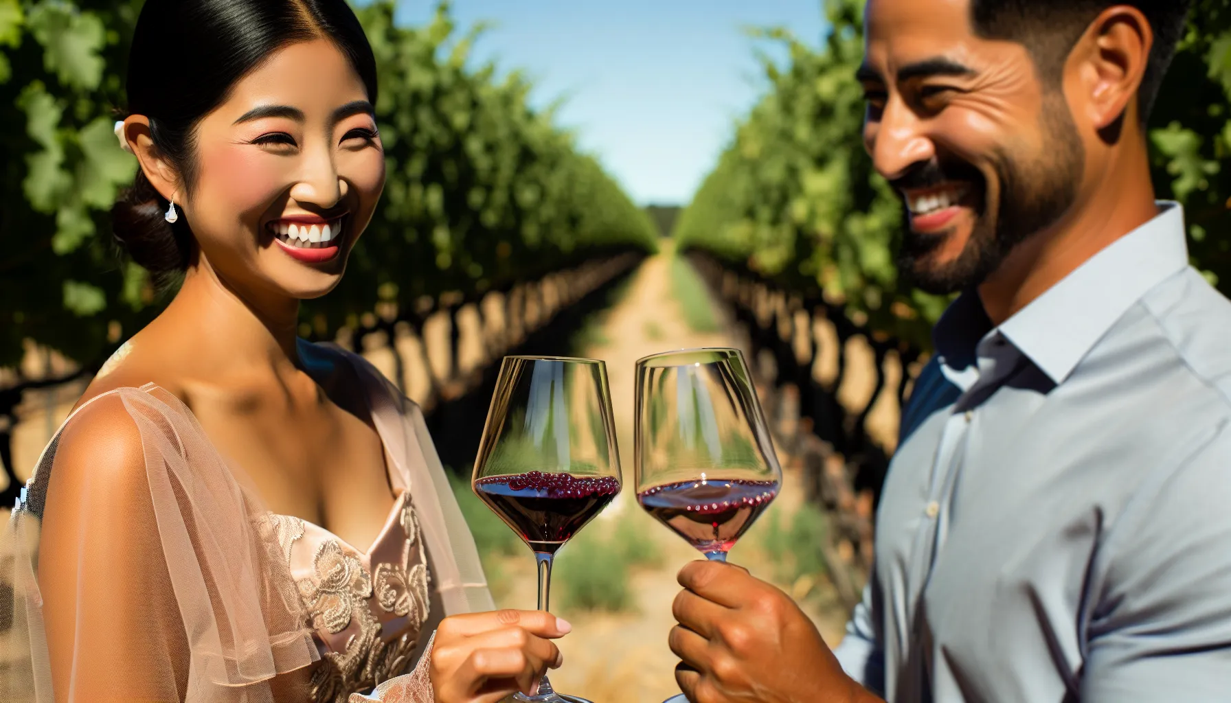 couple clinking wine glasses in a vineyard