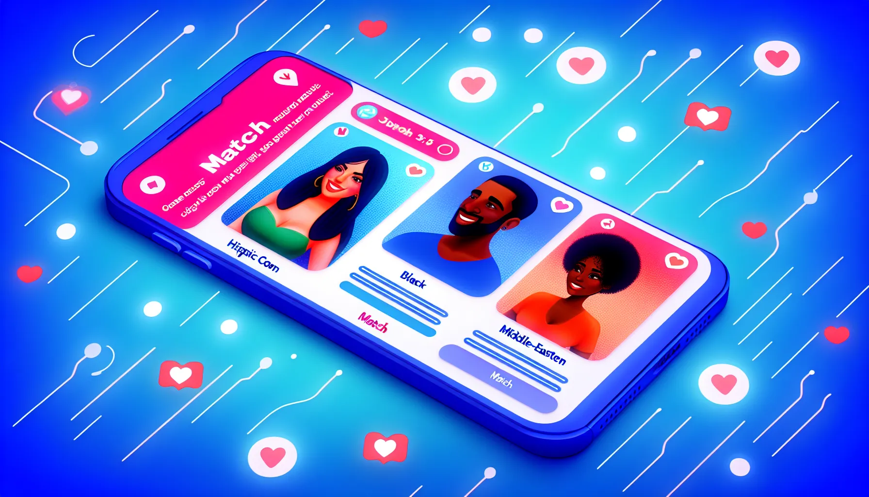 Dynamic dating app interface illustrating user profiles and match icons