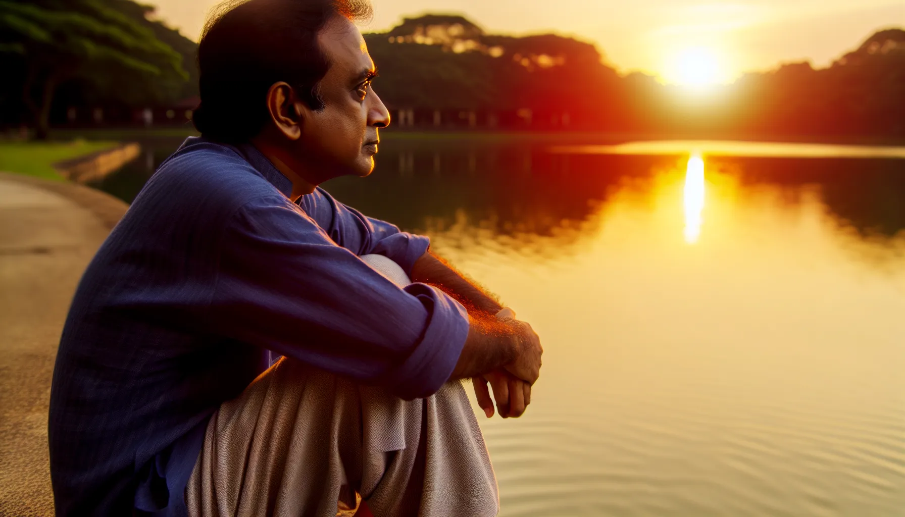 Man contemplating partnership by a serene lake at sunset