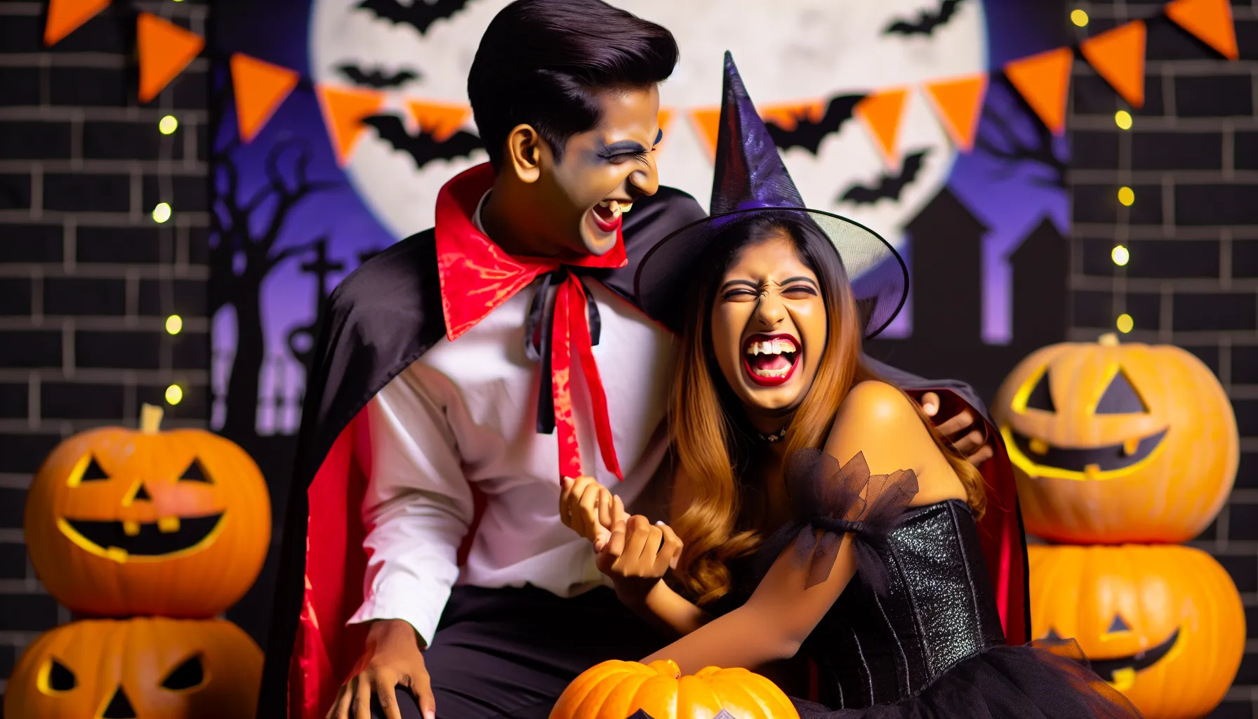 Couple in Halloween costumes amidst pumpkins