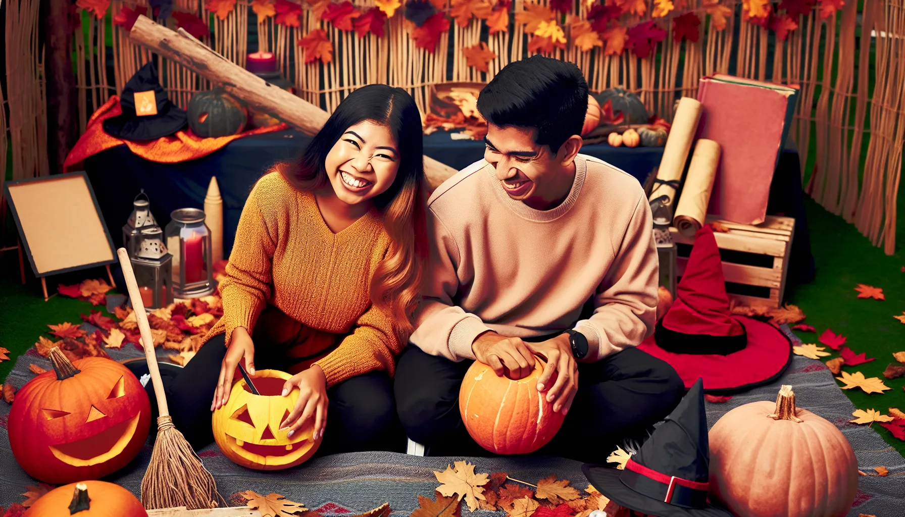 Couple joyfully engaging in pumpkin carving for Halloween