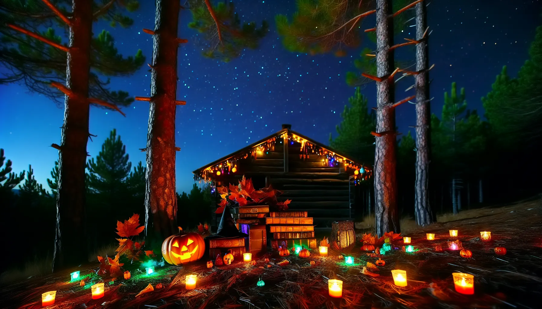 Halloween-themed cabin lit by candles and decorations