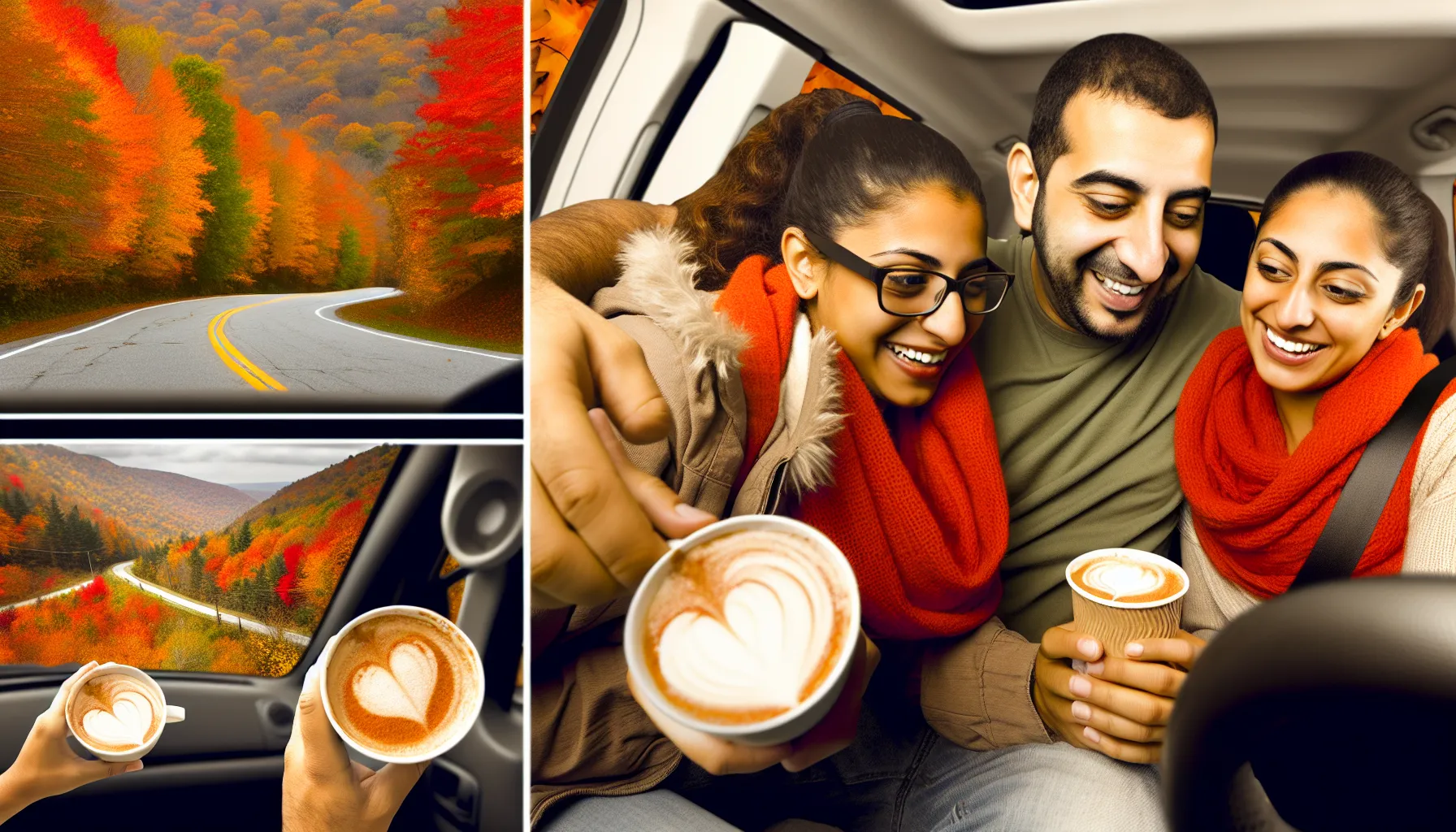 couple enjoying an autumn drive with pumpkin spice lattes
