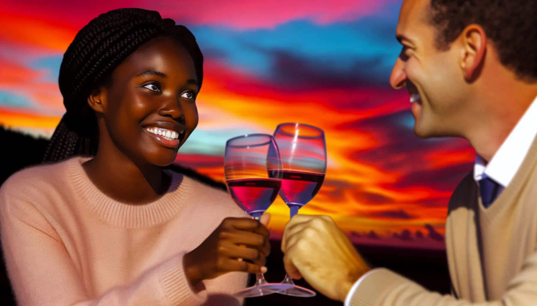 Couple celebrating with wine glasses against a sunset