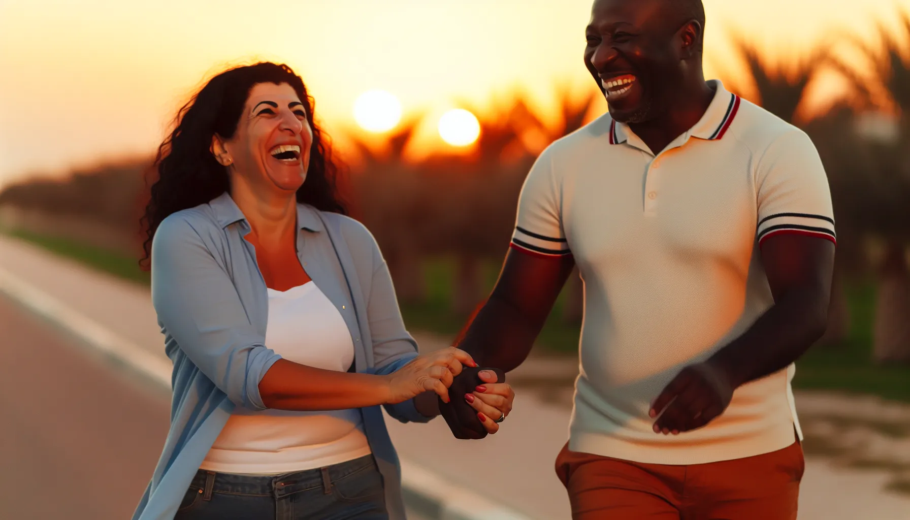 Mature couple on a sunset walk, embodying joy and connection
